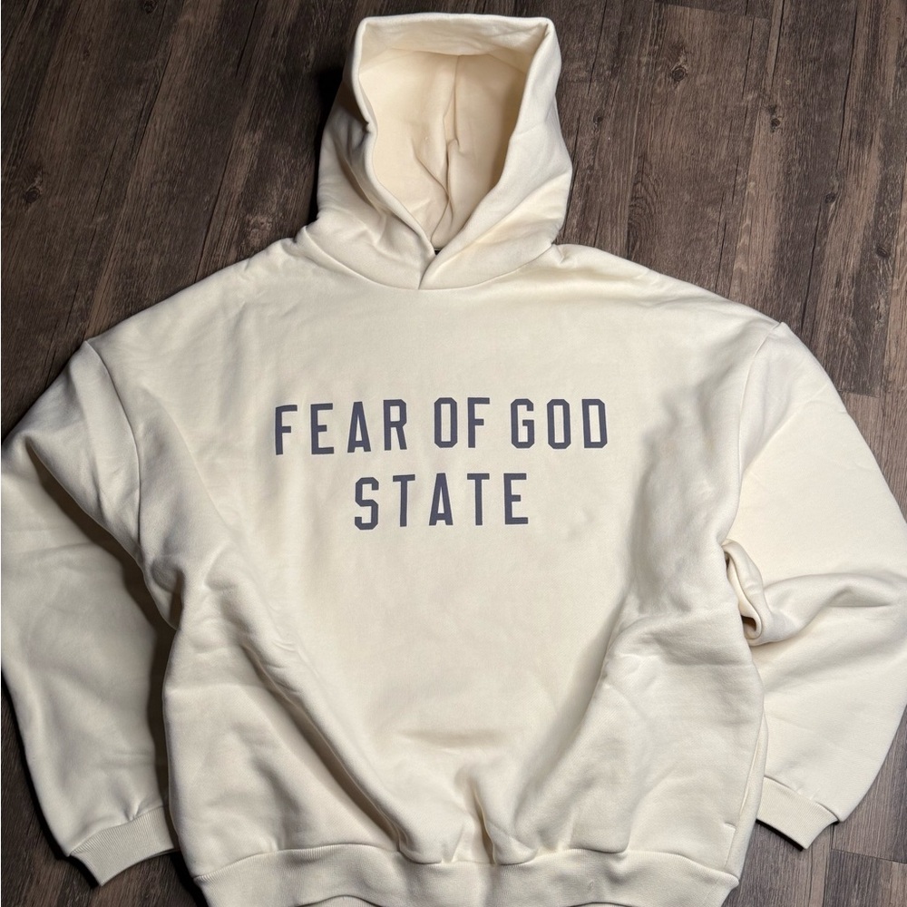 Fear of God Cream Hoodie with Gray Lettering (Essentials)